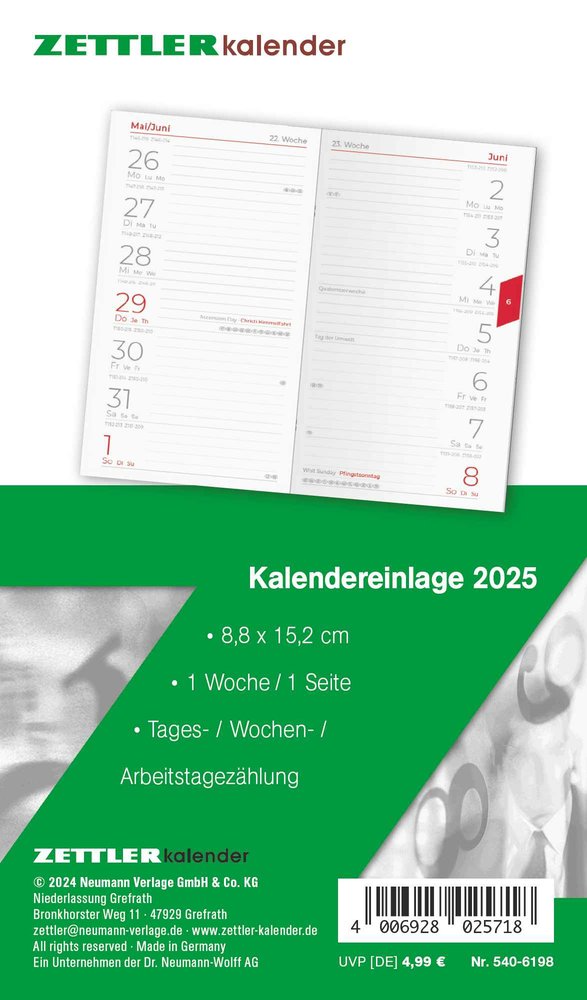 Zettler - Kalender-Ersatzeinlage 2025, 8,8x15,2cm, Ersatzeinlage für Taschenplaner Typ 540, in 